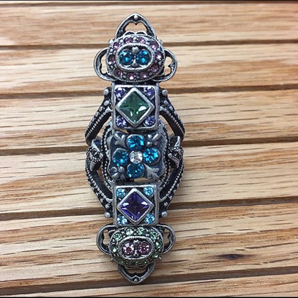 Byzantine Pastel Crystal Elongated Antiqued Silver Ring, Boutique sz 8